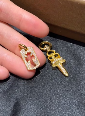 22k金天然钻石宝剑吊坠十字架牌子吊坠