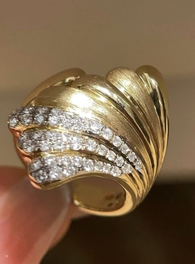 18K金拉丝海浪戒指天然钻石镶嵌