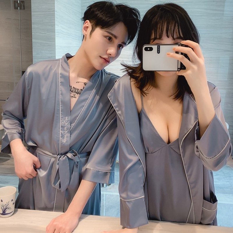 情侣夏季性感冰丝男士吊带睡袍 蕾贝姿睡袍/浴袍