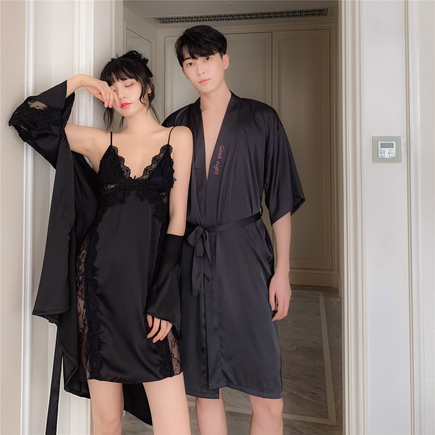 情侣春秋冰丝黑色性感吊带男士睡裙 蕾贝姿睡衣/家居服套装