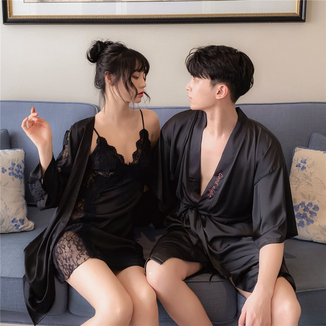 情侣春秋冰丝黑色性感吊带男士睡裙 蕾贝姿睡衣/家居服套装