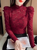 Bubble cuff semi-high lead lace undershirt female autumn dress 2023 New Yangqi Inside Hook Flower Hollowed-out Blouses