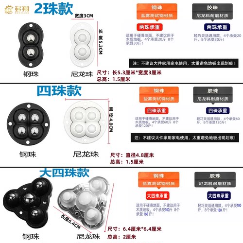 多翔粘贴式万向轮轮子移动滚珠免打孔钢珠尼龙珠静音家具滑轮脚轮 - 图1