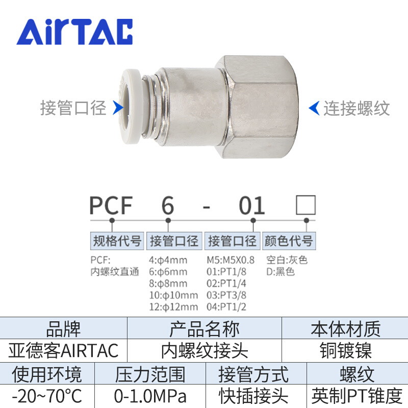 原装亚德客内螺纹接头PCF1202 PCF1203 PCF1204 PCF12-02/03/04 - 图3