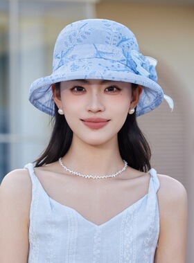 时尚绣花遮阳帽子女士夏天显脸小轻薄防晒渔夫帽妈妈沙滩欧根纱帽