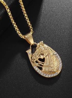 Hip Hop Shiny Zircon Gold Color Horse Head Pendant Necklaces