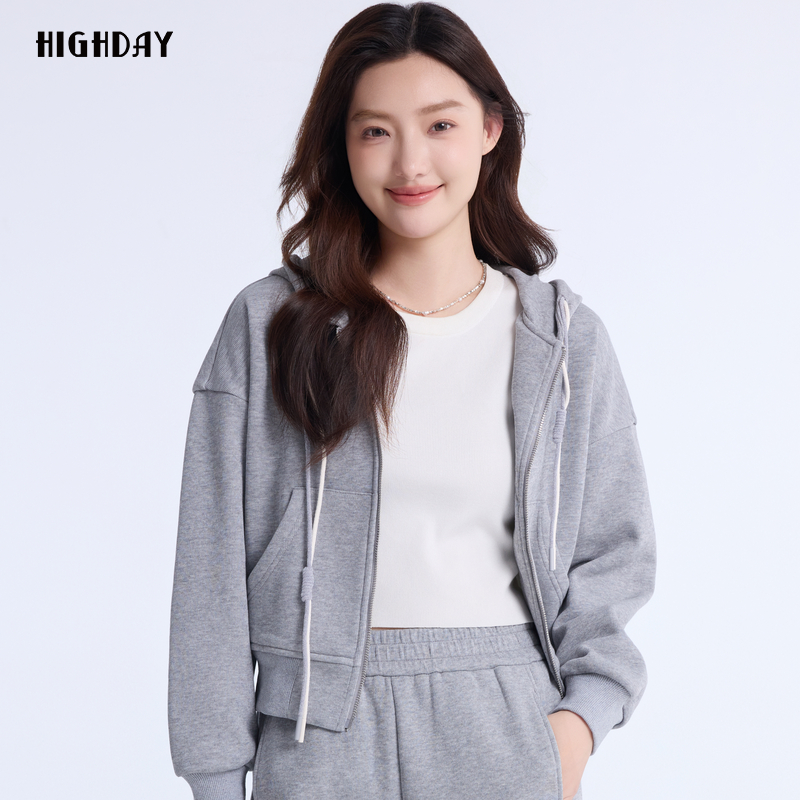 highday轩日2024冬季连帽短款外套女商场同款浅灰落肩开衫卫衣ins - 图3