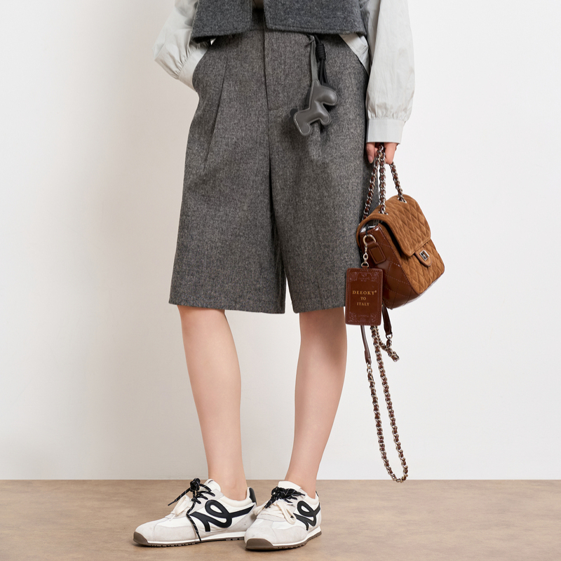 HIGH DAY/轩日羊毛中裤2025秋季新品高级感毛呢阔腿小个子直筒裤 - 图0