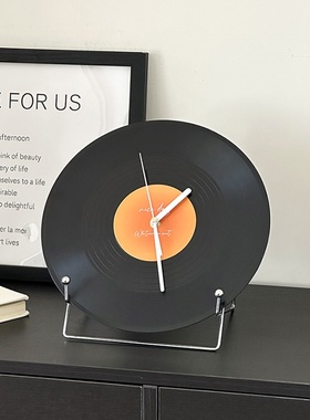 复古黑胶唱片钟日落挂钟客厅办公室书桌桌面摆件酒柜电视墙面