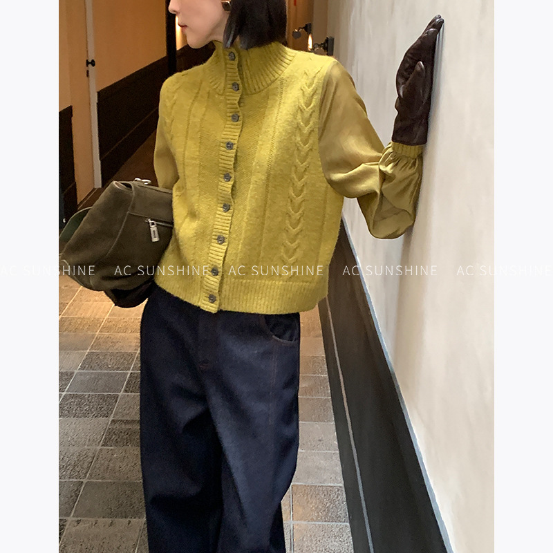 AC Sunshine莱赛尔羊毛混纺拼接针织开衫女秋冬日常叠穿上衣 - 图1