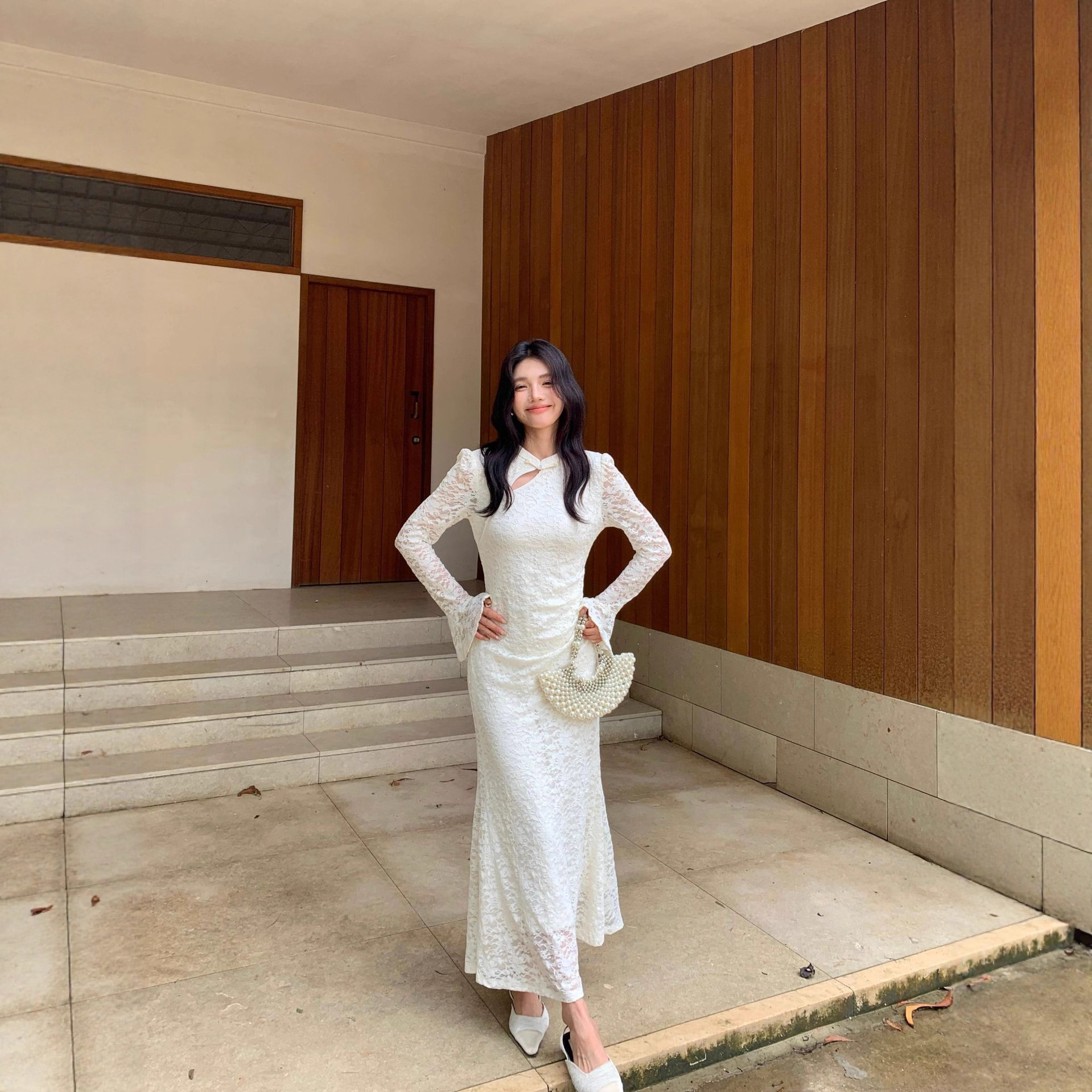 25秋季十三行女装蕾丝旗袍款连衣裙修身长裙优雅G622# - 图0