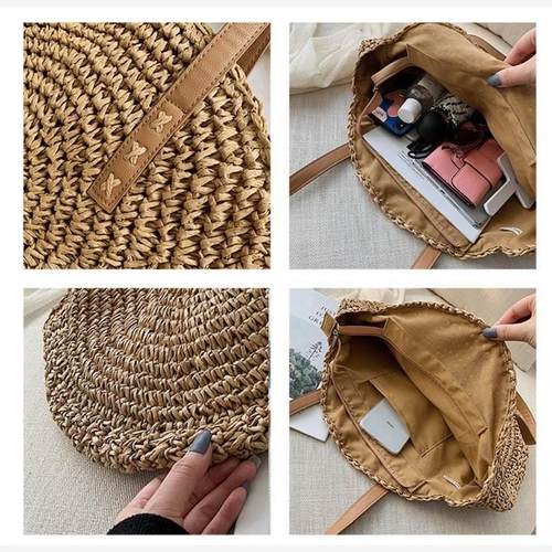 Round Straw Beach Bag Vintage Handmade Woven Shoulder Bag Ra - 图3