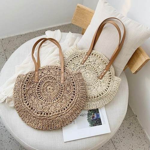 Round Straw Beach Bag Vintage Handmade Woven Shoulder Bag Ra - 图0