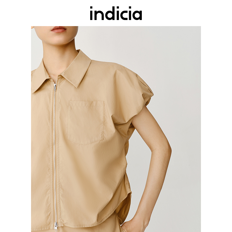 indicia纯色衬衫卡其衬衣拉链短上衣2023夏季商场同款标记女装-图1