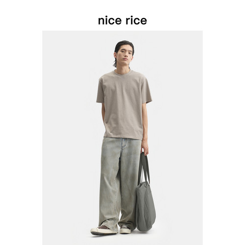 nice rice好饭 夏季255G全棉花纱圆领宽松休闲短袖T恤男NHX02095 - 图0