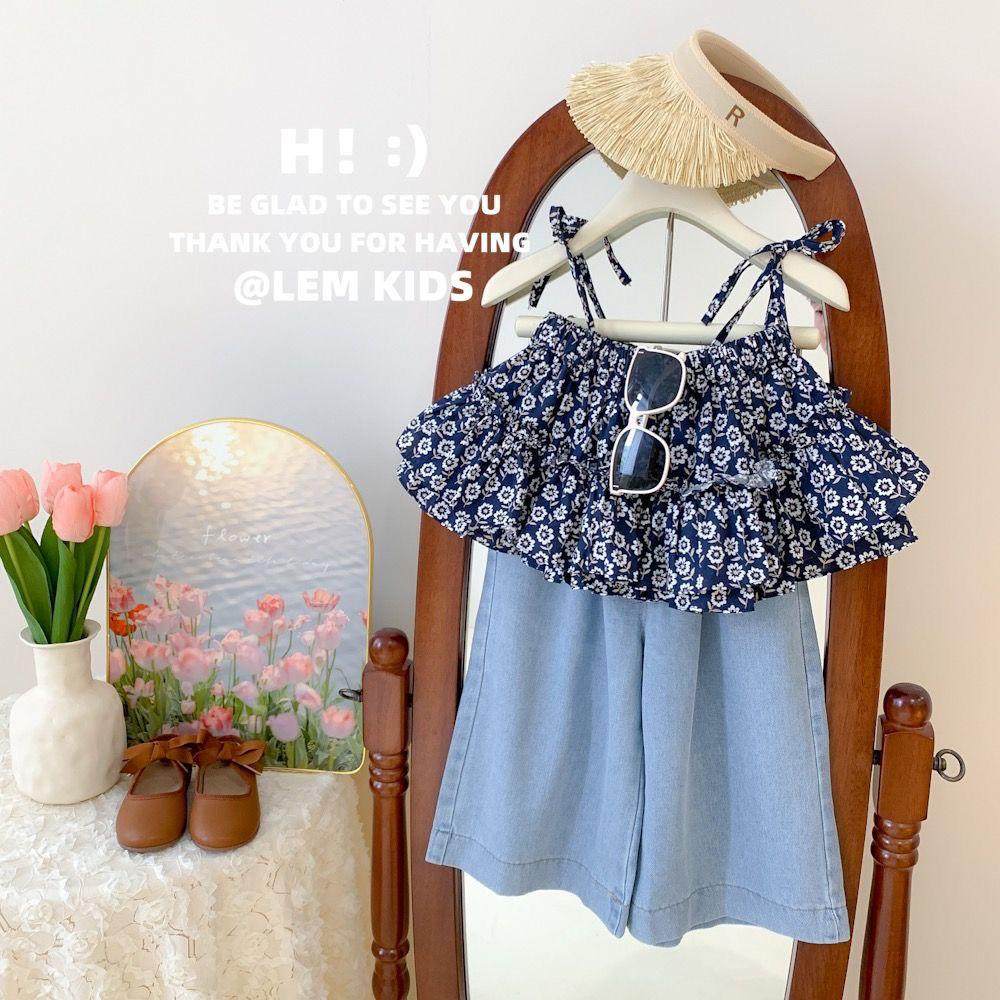 女童夏季套装2025新款女宝韩版碎花吊带衫牛仔阔腿裤九分裤两件套,淘宝优惠券,粉丝福利购,淘宝优惠卷