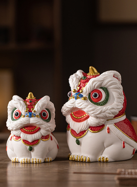 创意国潮醒狮陶瓷摆件生日礼物