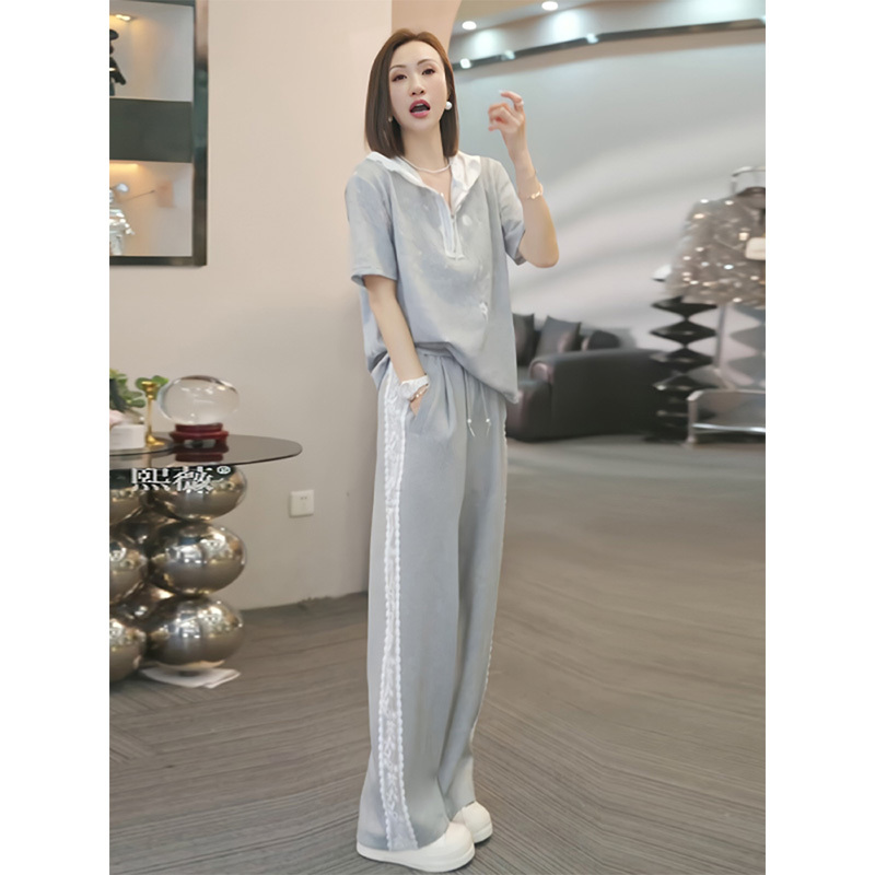 2025夏季新款穿搭配减龄显瘦时尚休闲运动蕾丝短袖长裤一整套装女 - 图1