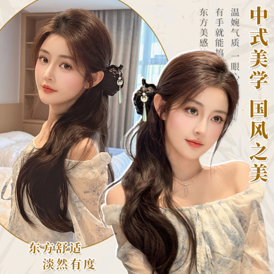 新中式发簪侧马尾假发辫抓夹式编发花苞微卷发古风汉服旗袍假辫子