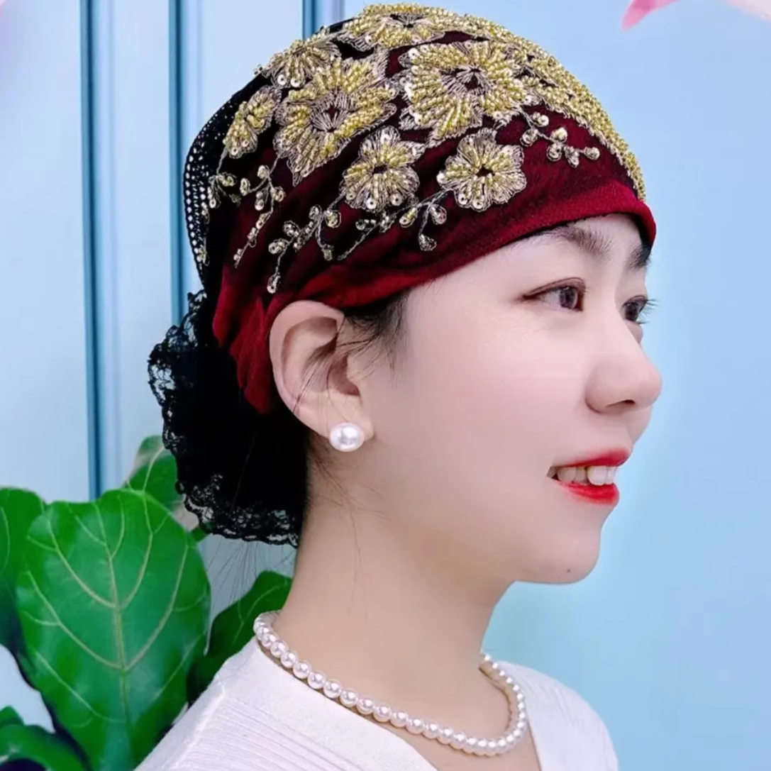 洋气百搭新款凤尾花盘花帽妈妈时尚头巾束发帽遮白发蕾丝包头帽女 - 图0