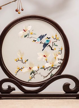 优选古典苏绣屏风摆件中式家居客A厅装饰品手工双面刺绣实木台屏