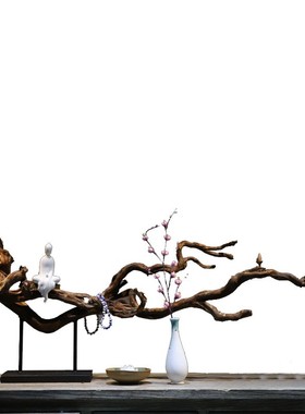 新年新中式e实木枯木禅意摆件 陶瓷佛像风化木茶室客厅家居装饰工