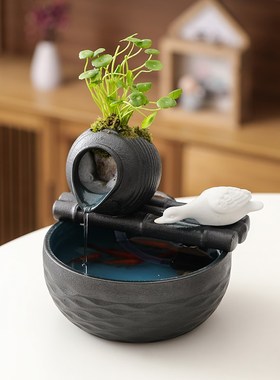 优选白菜摆件生财流水摆件循w环水茶台小型鱼缸桌面客厅办公室装