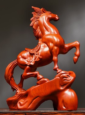 优选花梨木雕马到成功摆件实木新中式家居办公室书房X桌面装饰工