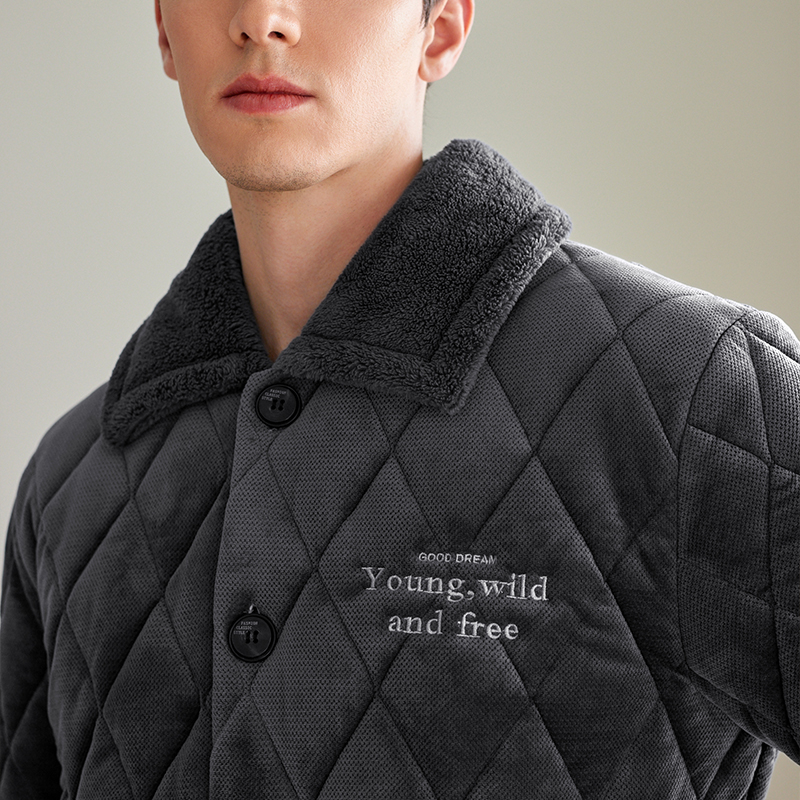 芬腾冬季睡衣男三层加厚珊瑚绒夹棉袄抗静电法兰绒大码家居服套装