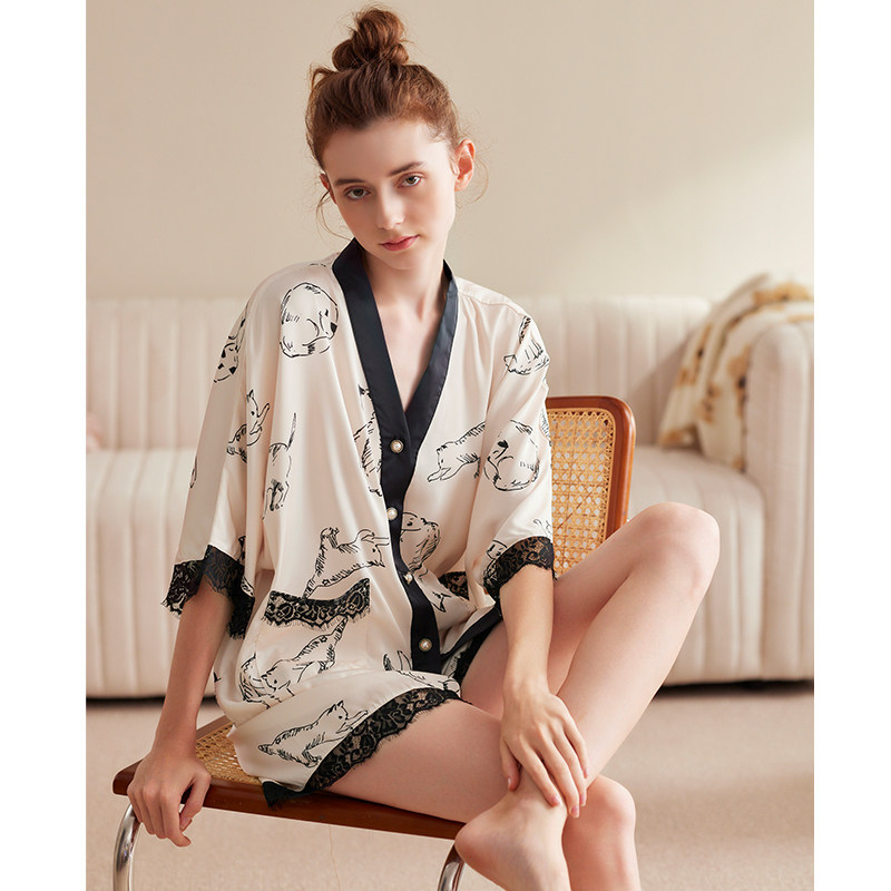 芬腾短袖夏季冰丝开衫v领宽松睡衣 芬腾outlets店睡衣/家居服套装