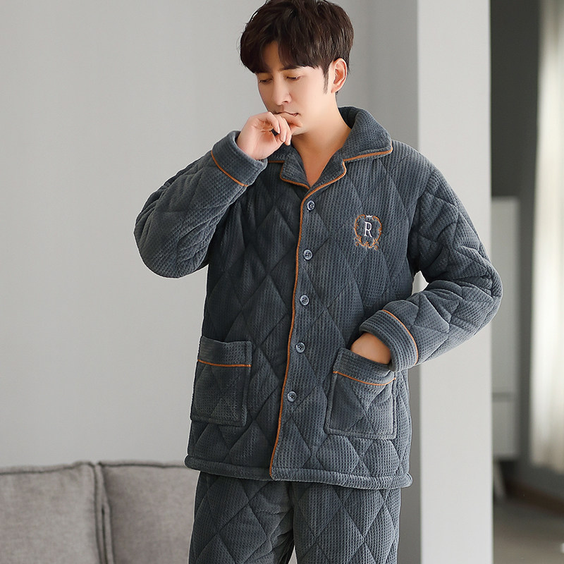 芬腾冬季珊瑚绒夹棉睡衣男三层加厚保暖冬天男士法兰绒家居服套装,淘宝优惠券,粉丝福利购,淘宝优惠卷