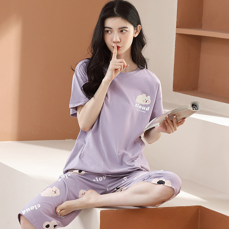 芬腾夏季纯棉短袖五分裤圆领睡衣 芬腾outlets店睡衣/家居服套装