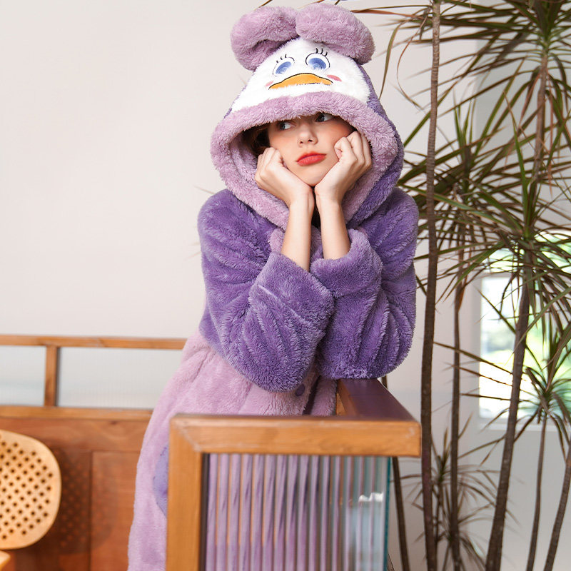 芬腾秋冬珊瑚绒连帽卡通长款睡袍 芬腾outlets店睡袍/浴袍