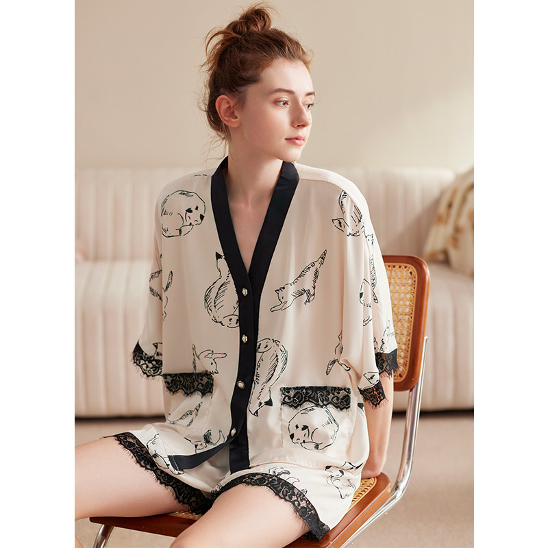 芬腾短袖夏季冰丝开衫v领宽松睡衣 芬腾outlets店睡衣/家居服套装