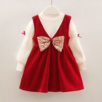 Female Baby Fall One-piece Dress Suit Little Girl Korean Version Red Gown Girl Foreign Air Butterfly Knot Princess Dress