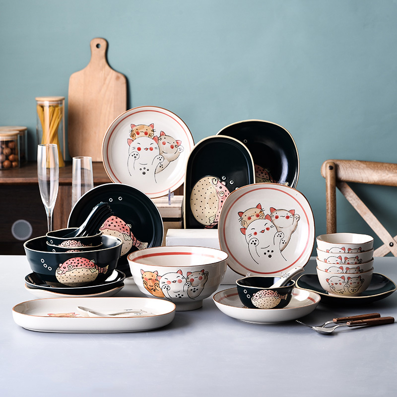 日式餐具礼盒套装碗盘家用陶瓷创意可爱手绘轻奢碗碟乔迁新居送礼