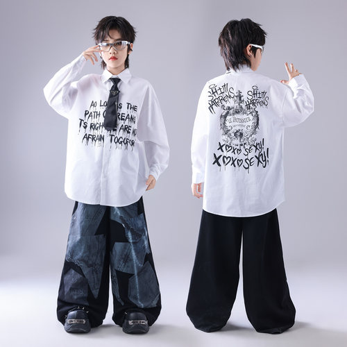 儿童hiphop街舞演出服男童嘻哈套装男孩酷帅皮马甲架子鼓表演服装 - 图3