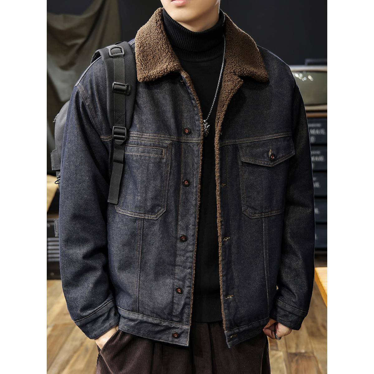 羊羔绒牛仔男士外套秋冬季2025新款加绒加厚保暖棉服美式宽松夹克 - 图0