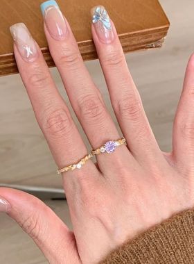 Vintage法式复古拉丝紫钻玫瑰花藤戒指时尚设计感叠戴高颜值指环