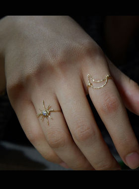 2022新款手作八芒星月浪漫戒指拉长石精致设计感神秘小众叠戴女