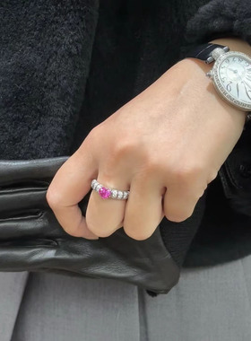 轻奢满钻宝石开口戒指镀银红爱心