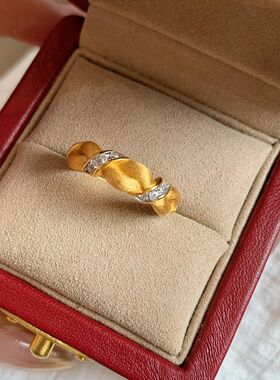 轻奢复古高级感镶钻拉丝大麻花戒指精致中古设计时尚小众百搭指环