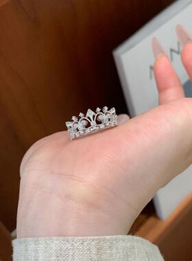 Vintage中古蕾丝镂空皇冠鸢尾花满钻戒指华丽复古宫廷精致食指戒