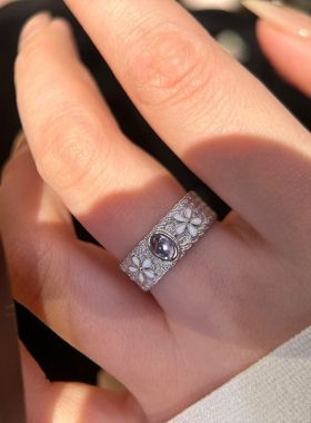 法式复古轻奢宫廷紫晶白芙戒指高级老钱风时尚精致气质百搭食指戒