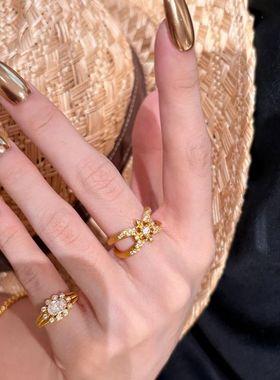 Vintage轻奢复古高级拉丝镶钻十字花戒指小众设计感百搭精致指环