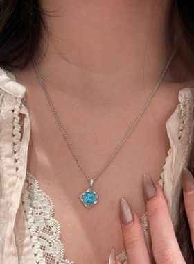 轻奢高级典雅四叶草方形海蓝宝项链耳钉微镶锆石超闪气质显白套装