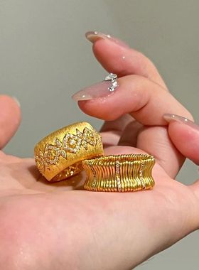 法式复古宫廷风宽版拉丝花朵镶钻戒指气质轻奢个性精致百搭食指戒