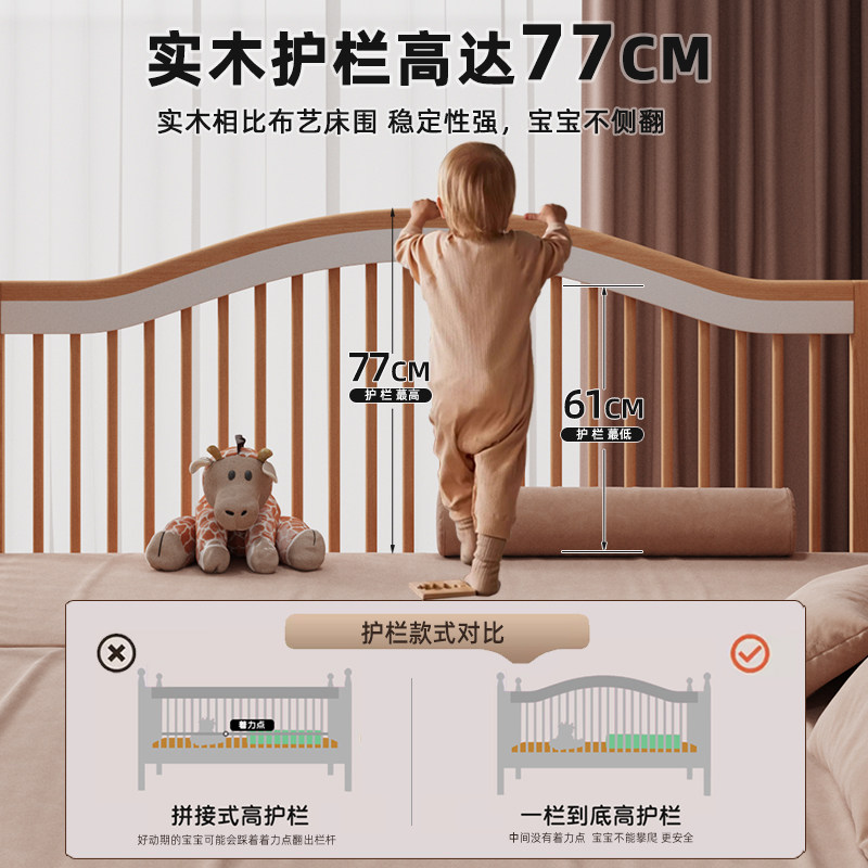 全榉木儿童拼接床可升降护栏婴儿床加宽小床拼接大床边实木平接床,淘宝优惠券,粉丝福利购,淘宝优惠卷