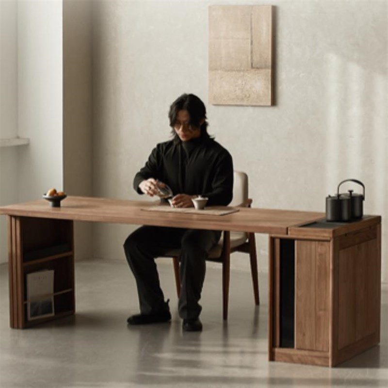 热销北美黑胡桃木茶桌椅组合新中式茶台家用办公书桌 - 图1