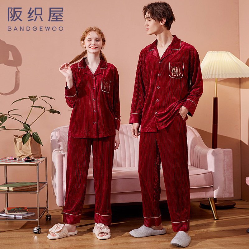 阪织屋男女秋冬季灯芯绒刺绣睡衣 阪织屋outlets店睡衣/家居服套装